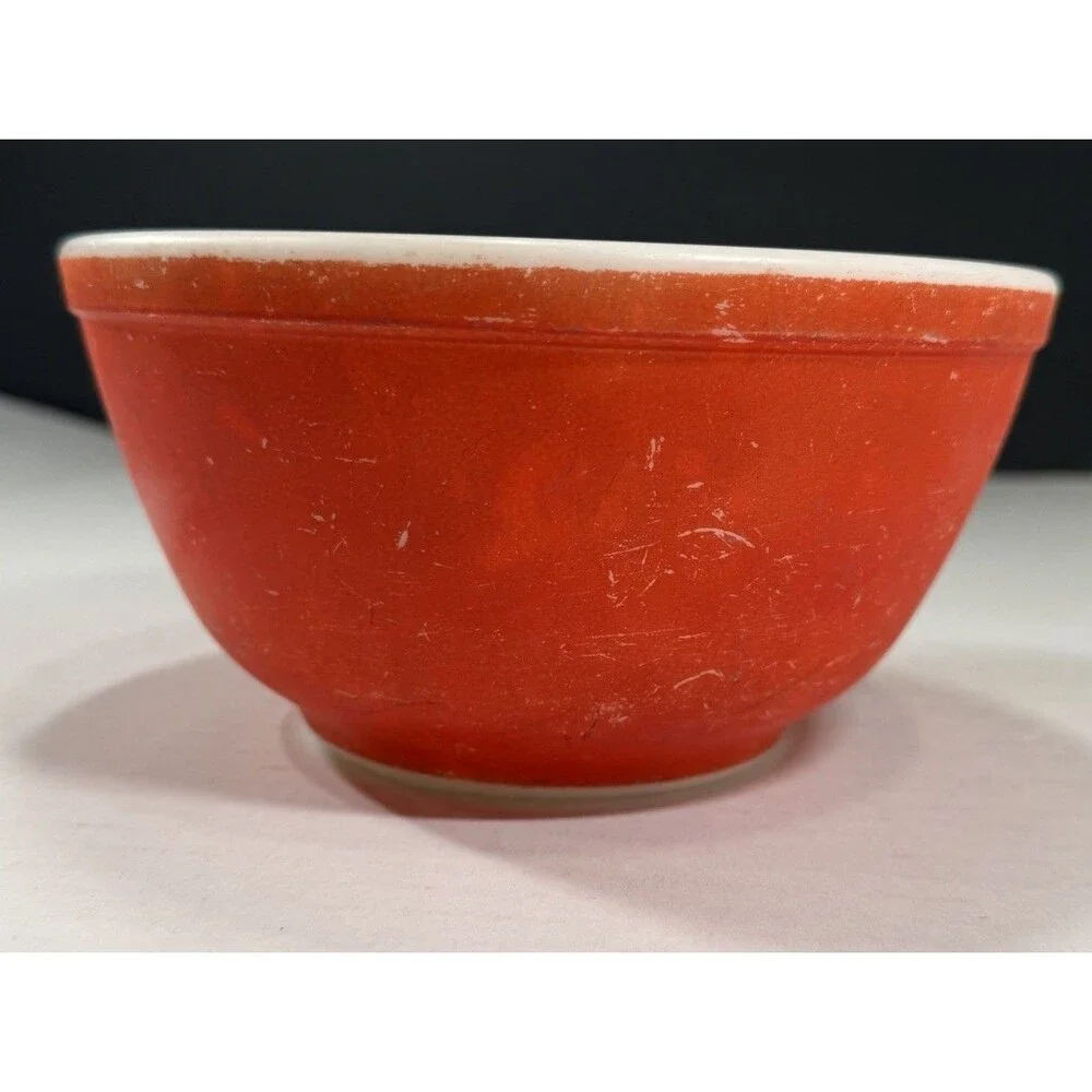 Pyrex Original Solid Glass Bowl Red/White 4in Round Glossy
